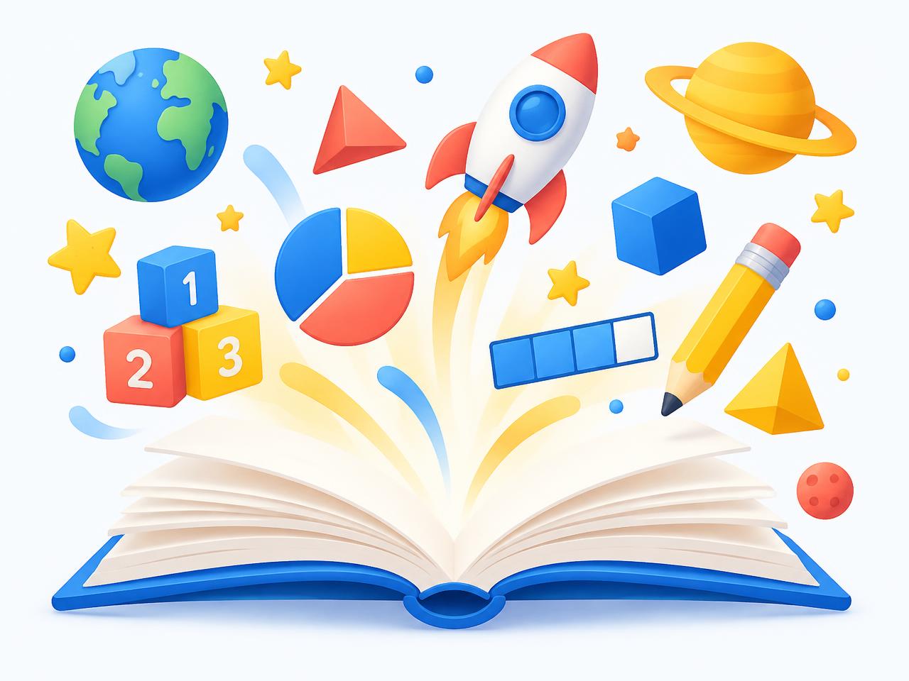An open book with a number line, fraction bar, geometric solids and stars rising from its pages